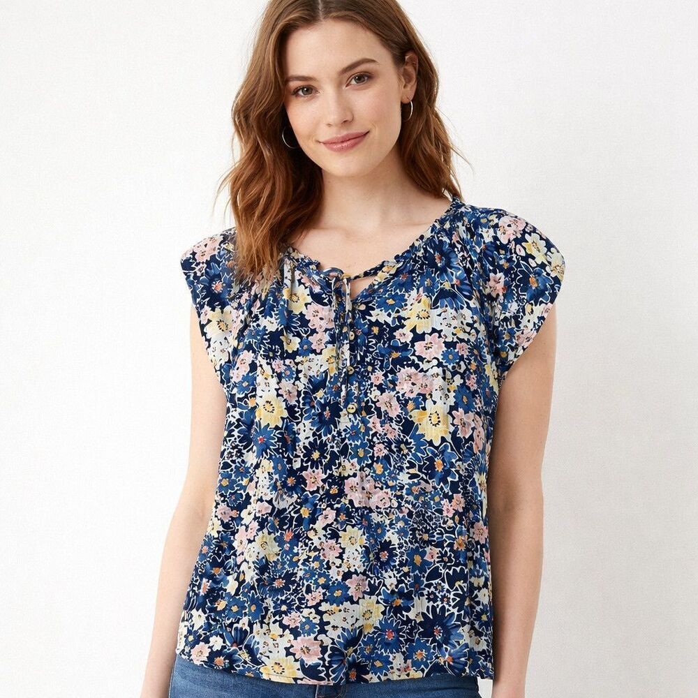 LOFT Blouse Womens Petite Small Blue Floral Cap Sleeve Ruffle Lined Top